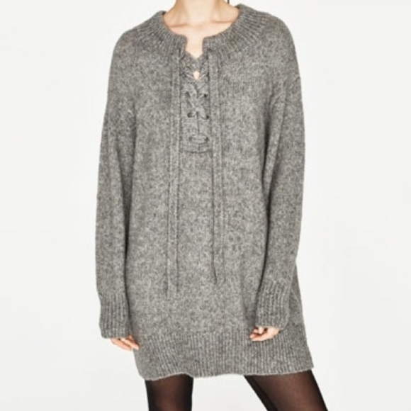 Zara Lace Up Oversized Wool Mohair Mock Neck Sweater Dress Grey Size Medium - Picture 11 of 11